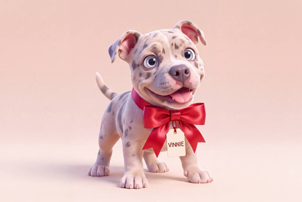 Vinnie wearing a big Christmas bow